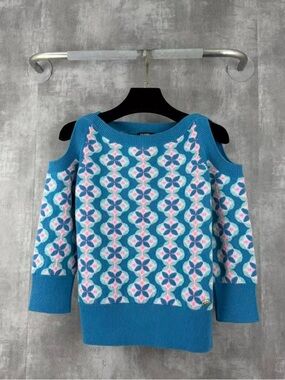 🚩steal CHANEL Blue Patterned Cold-Shoulder Knit Sweater